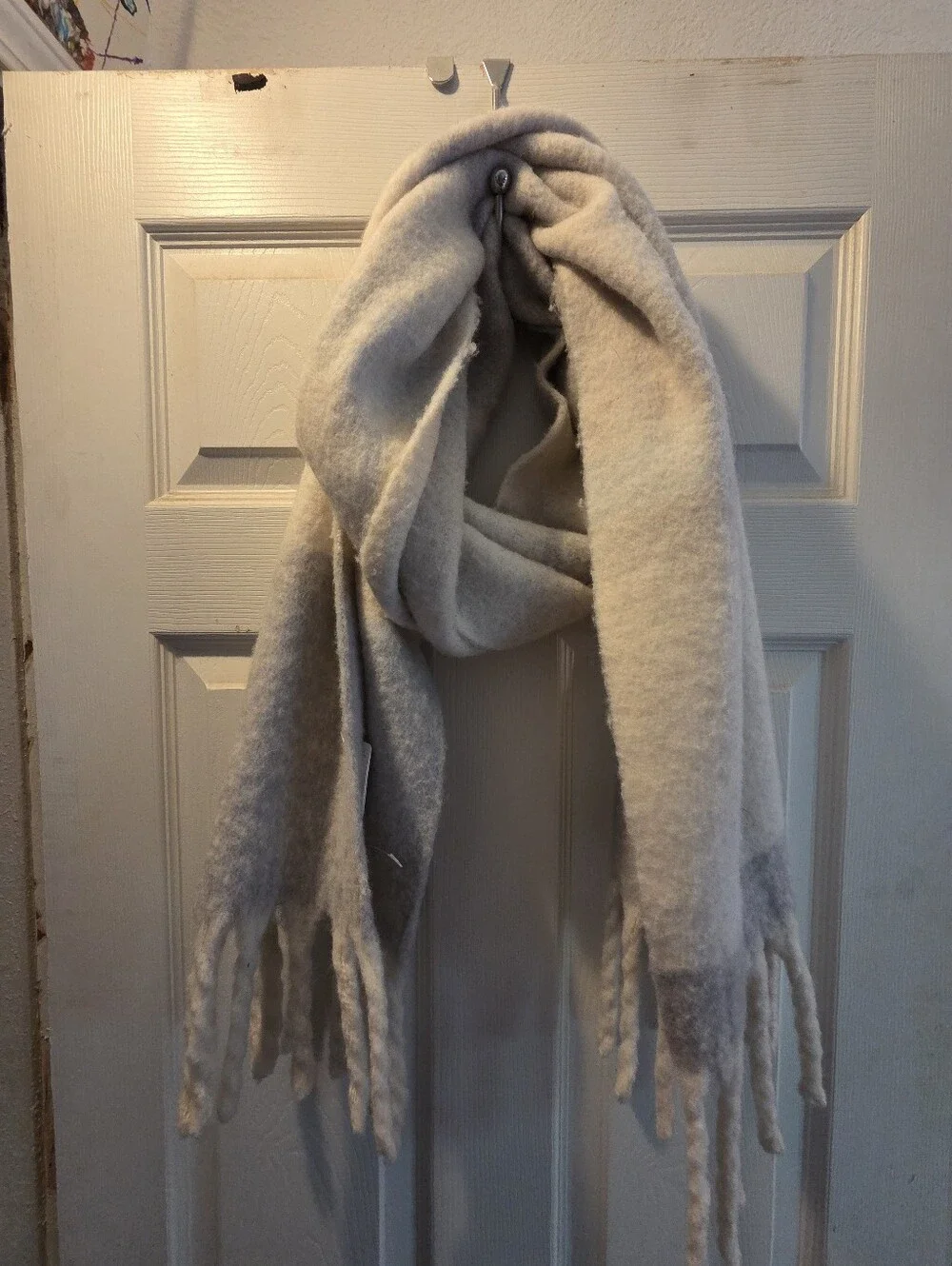 Lemon White and Light Grey Scarf with Light Gray Fringe
